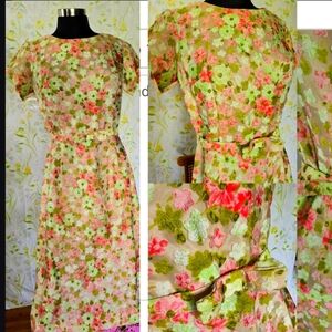 1960s  Midi Dress Mint Green and Pink High Neck 30 waist 38 bust 40 hip
